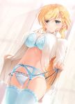  1girl aqua_eyes backlighting bangs blonde_hair blue_bra blush bow bra braid breasts cowboy_shot curtains dress_shirt eyebrows_visible_through_hair frilled_panties frills funmatu garter_belt highres indoors lace-trimmed_bra lace-trimmed_legwear lace_trim lingerie long_hair looking_at_viewer navel open_clothes open_shirt original panties parted_lips rinna_milford shirt side-tie_panties solo standing string_panties sunlight swept_bangs thighhighs underwear untied untied_panties untying white_panties white_shirt 