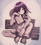  1boy bangs book_stack checkered checkered_scarf closed_mouth commentary_request danganronpa highres holding jacket long_sleeves looking_at_viewer mdr_(mdrmdr1003) medium_hair new_danganronpa_v3 ouma_kokichi pants pink_eyes purple_hair scarf shiny shiny_hair sitting sketch smile solo 