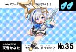  1girl amane_kanata angel angel_wings blue_hair character_name chibi copyright_name eyebrows_visible_through_hair flying holding holding_weapon hololive konboi-eg multicolored_hair open_mouth pink_hair purple_eyes sailor_collar shuriken silver_hair solo streaked_hair trading_card v-shaped_eyebrows virtual_youtuber weapon wings 