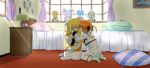  2girls bed bedroom black_ribbon blonde_hair blue_eyes blush fate_testarossa hair_ribbon highres imminent_kiss kerorokjy kneeling looking_at_another lyrical_nanoha mahou_shoujo_lyrical_nanoha mahou_shoujo_lyrical_nanoha_a&#039;s multiple_girls neck_ribbon orange_hair pillow red_ribbon ribbon school_uniform short_twintails sleeping sunlight takamachi_nanoha twintails white_ribbon yuri 