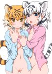  2girls animal_ears ass_visible_through_thighs bagua bangs black_hair blonde_hair blue_eyes blue_shirt bottomless breasts brown_hair cat_girl chestnut_mouth cleft_of_venus closed_mouth collared_shirt commentary_request cowboy_shot extra_ears eyebrows_visible_through_hair fang groin hands_up hug kemono_friends long_sleeves looking_at_viewer medium_breasts medium_hair multicolored_hair multiple_girls naked_shirt navel no_bra open_clothes open_mouth open_shirt pink_shirt platinum_blonde_hair pussy shirt sidelocks simple_background stomach streaked_hair tail tiger_(kemono_friends) tiger_ears tiger_girl tiger_tail two-tone_hair v-shaped_eyebrows white_background white_legwear white_tiger_(kemono_friends) wing_collar yellow_eyes 