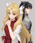  2girls alternate_costume bangs bare_shoulders bitter_sweet_(fate/grand_order) black_bow black_dress black_hair blonde_hair bow breasts casual dress ereshkigal_(fate/grand_order) fate/grand_order fate_(series) grey_background hair_bow highres index_finger_raised ishtar_(fate)_(all) ishtar_(fate/grand_order) jewelry kouzuki_kei long_hair long_sleeves looking_at_viewer multiple_girls necklace parted_bangs red_dress red_eyes ring short_sleeves sitting smile striped striped_dress thighs two_side_up vertical_stripes white_bow 