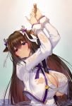  1girl animal_ears azur_lane bangs between_breasts breasts brown_hair cleavage cow_ears cow_girl cow_horns eyebrows_visible_through_hair hair_between_eyes hair_ornament head_tilt highres holding holding_sword holding_weapon horns huge_breasts kashino_(azur_lane) katana long_hair long_sleeves looking_at_viewer parted_lips partially_submerged purple_eyes satou_daiji see-through solo sword water weapon wet wet_clothes 