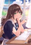  1girl absurdres bangs blue_sky brown_hair cloud cloudy_sky curtains day desk eyebrows_visible_through_hair fingernails green_eyes hand_on_own_chin highres holding looking_at_viewer necomi original outdoors parted_lips pencil sailor_collar scan school_desk school_uniform serafuku short_sleeves simple_background sitting sky smile solo window 