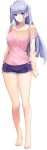  1girl absurdres arms_at_sides bangs bare_legs barefoot blue_eyes breasts closed_mouth dolphin_shorts eyebrows_visible_through_hair full_body game_cg highres iizuki_tasuku large_breasts light_purple_hair long_hair non-web_source off-shoulder_shirt off_shoulder shirt short_shorts shorts sidelocks simple_background smile solo standing suiren_to_shion tachi-e thigh_gap transparent_background two_side_up wakami_shion 