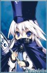  1girl aluselalu_sky_bluespirit blue_eyes cloak eien_no_aselia eternity_sword_series hat highres hitomaru sword weapon white_hair 