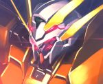  close-up dark_persona extra_eyes glowing glowing_eyes gundam gundam_00 gundam_00_a_wakening_of_the_trailblazer gundam_harute highres ishiyumi looking_ahead mecha no_humans red_eyes science_fiction solo v-fin 