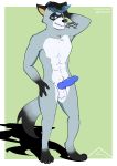  absurd_res anthro balls black_ears blue_eyes blue_penis carrus chest_tuft crotch_tuft fur genitals glistening glistening_genitalia glistening_penis grey_body grey_fur head_tuft hi_res highlights_(coloring) looking_at_viewer male mammal penis procyonid raccoon simple_background smile solo solo_focus tattoo tuft vein veiny_penis white_body white_fur 