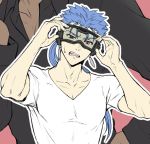  2boys archer blue_hair collarbone commentary_request cu_chulainn_(fate)_(all) dark_skin dark_skinned_male earrings fangs fate/stay_night fate_(series) goggles grey_shirt hands_up jewelry lancer long_hair looking_at_viewer male_focus mondi_hl multiple_boys open_mouth ponytail red_eyes shirt short_sleeves solo_focus t-shirt upper_body 