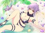  1girl anklet ayane_(doa) bare_arms bare_shoulders beach belt bikini black_bikini black_footwear black_neckwear blush breasts bug butterfly cleavage crossover day dead_or_alive dead_or_alive_6 hair_ribbon insect jewelry knee_up medium_breasts ninja ocean official_art outdoors purple_hair red_eyes ribbon sandals scarf senran_kagura sitting smile solo swimsuit thigh_strap thighs tree water yaegashi_nan 