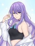  1girl bangs blue_background breasts choker crop_top eyebrows_visible_through_hair finger_to_eye highres hololive hololive_indonesia long_hair looking_to_the_side medium_breasts moona_hoshinova off-shoulder_jacket purple_eyes purple_hair shn._(shn_415) solo star_(symbol) virtual_youtuber 
