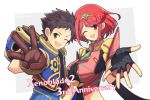  1boy 1girl :d bangs black_gloves breasts brown_hair chest_jewel earrings fingerless_gloves gloves highres jewelry large_breasts looking_at_viewer mochimochi_(xseynao) one_eye_closed open_mouth pyra_(xenoblade) reaching_out red_eyes red_hair rex_(xenoblade) short_hair smile swept_bangs tiara upper_body w xenoblade_chronicles_(series) xenoblade_chronicles_2 yellow_eyes 