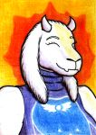  2020 anthro bovid bust_portrait caprine clothed clothing eyes_closed fangs female fluffy fur goat long_ears mammal portrait simple_background small_horns smile solo toriel traditional_media_(artwork) tunic undertale video_games white_body white_fur zypter 