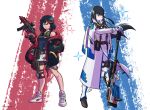  2girls adapted_costume bangs black_hair black_jacket blue_eyes blunt_bangs breasts capelet commission english_commentary eyebrows_visible_through_hair frown gun hand_in_pocket highres holding holding_gun holding_weapon jacket junketsu kill_la_kill kiryuuin_satsuki long_hair looking_ahead looking_at_viewer matoi_ryuuko multicolored_hair multiple_girls off-shoulder_jacket parted_lips peyton_gee puma_(brand) red_hair rifle senketsu shoes short_hair small_breasts sneakers sniper_rifle streaked_hair submachine_gun weapon white_capelet 