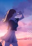  1girl absurdres bag blurry blurry_background bottle brown_hair closed_mouth cloud cloudy_sky drinking highres holding long_hair necomi night night_sky original outdoors pleated_skirt sailor_collar scan school_bag school_uniform serafuku short_sleeves skirt sky solo star_(sky) starry_sky sunset water_bottle 