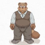  2020 anthro belly bottomwear brown_body brown_fur bulge canid canine clothed clothing eyewear fully_clothed fur glasses humanoid_hands kemono low_res male mammal ojijinotete overweight overweight_anthro overweight_male pants raccoon_dog shirt simple_background solo tanuki topwear white_background 