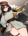  artist_name black_hair boca breasts brown_eyes general_liu_(girls_frontline) girls_frontline gloves gun hair_over_one_eye highres huge_breasts long_hair military military_uniform no_panties puffy_nipples rifle signature sniper_rifle thick_thighs thighs uniform weapon white_gloves 