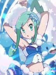  1girl :o altaria arm_behind_head arm_up armpits artist_name blurry blurry_background clenched_hand eyebrows_visible_through_hair eyelashes eyes_visible_through_hair fur_cuffs gen_3_pokemon green_eyes green_hair hair_ornament highres jeri20 lisia_(pokemon) looking_at_viewer navel open_mouth pokemon pokemon_(creature) pokemon_(game) pokemon_oras star_(symbol) watermark 