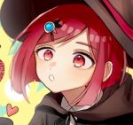  1girl bangs black_cape brown_headwear cape commentary_request danganronpa face hair_ornament hairclip hat heart mdr_(mdrmdr1003) new_danganronpa_v3 red_eyes red_hair shirt short_hair solo white_shirt witch_hat yellow_background yumeno_himiko 