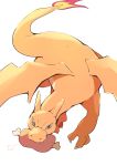  azuma_minatsu charizard commentary_request fangs fire flying food food_in_mouth full_body gen_1_pokemon green_eyes grey_background highres looking_at_viewer meat mouth_hold no_humans pokemon pokemon_(creature) simple_background solo 