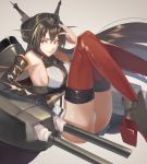  1girl ass black_gloves black_hair breasts cannon commentary_request elbow_gloves fingerless_gloves gloves grey_background headgear highres kabocha_(monkey4) kantai_collection large_breasts long_hair machinery miniskirt nagato_(kantai_collection) panties pleated_skirt red_eyes red_neckwear simple_background skirt smokestack solo thighhighs turret underwear white_panties white_skirt 