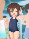  1girl 3boys absurdres armpits arms_up bakusou_kyoudai_let&#039;s_&amp;_go!! brown_eyes brown_hair commentary_request covered_navel flat_chest highres multiple_boys one-piece_swimsuit one_eye_closed open_mouth outdoors ponytail sagami_jun school_swimsuit short_hair smile swimsuit uno_(mon_chat_noir) v 
