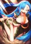  1girl :d arms_behind_back barefoot blue_hair bound bound_arms breasts cluseller eyelashes green_eyes kneeling long_hair long_tongue looking_at_viewer navel open_mouth original scales shadow slit_pupils smile solo tongue very_long_hair 