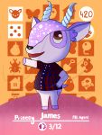  2020 3:4 absurd_res ambiguous_gender animal_crossing animal_crossing_amiibo anthro antlers biped brown_eyes cervid clothed clothing digital_media_(artwork) english_text fur hi_res horn madmastermax mammal nintendo open_mouth purple_body purple_deer purple_fur signature simple_background smile solo text video_games 