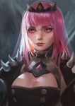  1girl bangs black_cape blunt_bangs breasts cape cleavage expressionless eyebrows_behind_hair highres hololive hololive_english large_breasts long_hair looking_at_viewer mori_calliope pink_eyes pink_hair portrait realistic solo spikes symbol_commentary tiara tong_tou veil virtual_youtuber 