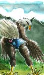  4_toes accipitrid accipitriform ambiguous_gender anisodactyl anthro avian bald_eagle beady_eyes beak bird bottomwear brown_body brown_feathers butt caravaggia claws clothed clothing cutoffs daisy_dukes denim denim_clothing detailed_background eagle feathers hi_res hotpants looking_at_viewer looking_back mountain outside painting_(artwork) presenting presenting_hindquarters raised_tail scales sea_eagle shorts solo tail_feathers talons toes topless traditional_media_(artwork) us_flag watercolor_(artwork) white_body white_feathers winged_arms wings 