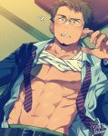  1boy 1other ? abs aqua_shirt bara bare_pecs belt black_belt blue_eyes blush brown_hair collarbone dark_skin dark_skinned_male facial_hair glasses goatee hand_under_clothes kiri_futoshi lifted_by_another lying male_focus muscle navel necktie necktie_removed nipples on_back open_clothes open_shirt original pectoral_focus pectorals pov raised_eyebrow see-through_silhouette shirt shirt_lift short_hair solo_focus stubble sweatdrop upper_body white_shirt 