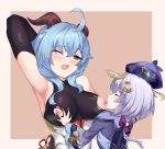  2girls ;d absurdres ahoge areolae arm_up armpits blue_hair blush bodysuit bow braid braided_ponytail breast_grab breasts closed_eyes ganyu_(genshin_impact) genshin_impact goat_horns grabbing hair_bow hair_ornament hat highres horns jiangshi large_breasts licking multiple_girls mz_(yeye_ai_chipao_mian) nipple_licking nipples one_eye_closed open_mouth purple_hair qiqi skin_tight sleeveless smile tongue tongue_out torn_bodysuit torn_clothes upper_body 