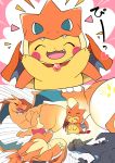  &gt;_&lt; :3 ^_^ azuma_minatsu blush blush_stickers charizard charizard_(cosplay) closed_eyes commentary_request cosplay fake_tail fake_wings fang gem gen_1_pokemon gigantamax happy heart highres laughing mega_charizard_x mega_charizard_y mega_pokemon no_humans open_mouth pikachu pokemon pokemon_(creature) smile standing tail thumbs_up translation_request wings 