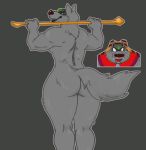  anthro breasts butt canid canine canis deermary female hi_res link:_the_faces_of_evil looking_at_viewer looking_back lupay mammal muscular muscular_anthro muscular_female nintendo nude rear_view simple_background smile solo staff standing the_legend_of_zelda under_boob video_games wolf 