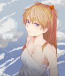  1girl absurdres blue_eyes blue_sky breasts brown_hair cleavage cloud dress dutch_angle highres ichinoshi interface_headset long_hair looking_at_viewer medium_breasts neon_genesis_evangelion off_shoulder sky solo souryuu_asuka_langley sundress white_dress 