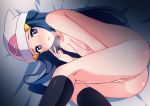  1girl areolae ass beanie bed_sheet black_legwear blue_hair blush body_blush breasts breath censored collarbone commentary_request dawn_(pokemon) eyelashes feet_out_of_frame hair_ornament hairclip hat heart heart_in_eye highres kneepits long_hair looking_at_viewer lying masturbation miyama-san mosaic_censoring nipples on_side open_mouth pokemon pokemon_(game) pokemon_dppt shiny shiny_skin socks solo symbol_in_eye v white_headwear 