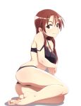  1girl ass bikini black_bikini brown_eyes brown_hair commentary_request full_body long_hair looking_at_viewer minna-dietlinde_wilcke nanashino simple_background sitting smile solo strap_slip strike_witches swimsuit white_background world_witches_series yokozuwari 