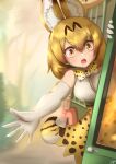  1girl animal_ear_fluff animal_ears bangs bare_shoulders blonde_hair blurry blurry_background bow bowtie commentary day elbow_gloves english_commentary extra_ears eyebrows_visible_through_hair eyes_visible_through_hair gloves hair_between_eyes high-waist_skirt highres japari_bus john_(a2556349) kemono_friends looking_at_viewer open_mouth outdoors outstretched_arm print_bow print_bowtie print_skirt reaching_out serval_(kemono_friends) serval_print shirt signature skirt sleeveless sleeveless_shirt solo tail v-shaped_eyebrows white_shirt yellow_eyes 