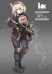  1girl absurdres black_footwear black_gloves black_pants blonde_hair blue_eyes boots bulletproof_vest combat_boots english_text fingerless_gloves full_body gloves gun h&amp;k_mp5k heckler_&amp;_koch highres knee_pads konoshige_(ryuun) load_bearing_vest long_hair long_sleeves original pants personification solo standing submachine_gun tactical_clothes weapon 