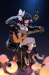  1girl acoustic_guitar black_coat black_hair black_legwear blush breasts choker cleavage coat crossed_legs dress english_commentary expressionless fur_collar guitar hair_ribbon highres indie_virtual_youtuber instrument long_sleeves looking_down microphone multicolored_hair off_shoulder purple_eyes purple_hair ribbon ririsya sitting snake socks solo two-tone_hair virtual_youtuber white_dress white_footwear white_ribbon zevania 