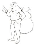  anthro asian_clothing beads black_and_white bulge canid canine clothed clothing east_asian_clothing footwear fox fundoshi gintaro japanese_clothing male mammal monochrome navel sandals simple_background sketch solo thegreatmatsutzu topless underwear whiskers white_background 