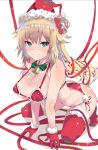  akai_haato all_fours bikini blonde_hair breasts cleavage fur_trim gloves green_eyes hair_ornament hat heart heart_hair_ornament highres hololive large_breasts long_hair micro_bikini nikujag96737782 red_bikini red_gloves red_legwear ribbon santa_bikini santa_hat shoes side-tie_bikini simple_background sitting smile sparkle swimsuit thighhighs wariza 