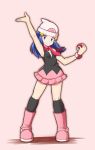  1girl arm_up armpits beanie black_legwear blue_eyes blue_hair boots closed_mouth commentary_request dawn_(pokemon) eyelashes full_body hair_ornament hairclip hand_up hat highres holding holding_poke_ball knees looking_at_viewer miyama-san outline over-kneehighs pink_footwear pink_scarf poke_ball poke_ball_(basic) pokemon pokemon_(anime) pokemon_dppt_(anime) scarf shiny shiny_skin smile solo standing thighhighs white_headwear 