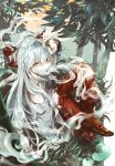  1girl absurdres bamboo fujiwara_no_mokou full_moon hair_ribbon highres hime_cut huge_filesize long_hair moon moonlight navel open_mouth pants red_eyes red_footwear red_pants ribbon safutsuguon shirt silver_hair smoking touhou very_long_hair white_hair white_shirt 