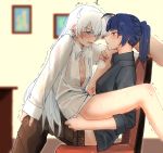  2girls absurdres blue_eyes blue_hair blush chair clothed_sex cowgirl_position cum cum_in_pussy futanari hickey highres honkai_(series) honkai_impact_3rd kiana_kaslana leg_up long_hair looking_at_another mine_(4041997) multiple_girls on_lap open_clothes open_mouth open_shirt overflow pants pants_pull partially_undressed ponytail raiden_mei red_eyes straddling table tears trembling white_hair 