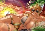  1girl absurdres artoria_pendragon_(all) artoria_pendragon_(lancer) bangs bare_shoulders bikini blonde_hair braid breasts chalice cleavage collarbone fate/grand_order fate_(series) flower french_braid gradient_sky green_eyes grey_bikini hair_between_eyes hair_flower hair_ornament highres jewelry large_breasts lens_flare long_hair looking_at_viewer love-saber lying necklace on_side orange_sky parted_lips sidelocks sky sunglasses sunset swimsuit thighs twilight wet 
