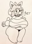  4_ears anthro beady_eyes belly big_breasts big_butt black_and_white blue_hair breasts butt canid canine clothing crop_top dialogue dork_boi english_text felid feline female front_view hair huge_breasts huge_thighs mammal monochrome multi_ear open_mouth open_smile overweight overweight_anthro overweight_female panties shirt short_stack simple_background smile solo standing tem temmie_(undertale) text thick_thighs three-quarter_view topwear undertale underwear video_games wide_hips 