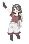  1girl backpack bag black_gloves black_hair black_legwear blue_eyes blush collarbone eyebrows_visible_through_hair gloves grey_shorts highres kaban_(kemono_friends) kemono_friends kona_ming no_hat no_headwear pantyhose red_shirt shirt short_hair short_sleeves shorts smile solo t-shirt waving white_background 