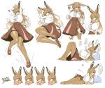  1girl :&lt; :3 absurdres alternate_breast_size animal_ears arms_up arrow_(symbol) bandaid bandaid_on_head bangs blush bow bowtie breasts brown_footwear brown_hair brown_legwear bunny_ears bunny_tail cellphone center_frills center_opening character_sheet cleavage closed_mouth commentary_request dakimakura dated ears_down european_hare_(kemono_friends) expressions extra_ears eyebrows_visible_through_hair face frills full_body fur-trimmed_sleeves fur_collar fur_trim gigantic_breasts hair_over_one_eye half-closed_eye hands_up high-waist_skirt highres holding holding_phone impossible_clothes impossible_shirt kemono_friends knees_together_feet_apart knees_up long_hair long_sleeves looking_at_viewer looking_down looking_to_the_side lying medium_skirt multicolored_hair multiple_views no_shoes on_back on_side open_mouth pantyhose parted_bangs phone pillow rabbit_girl red_eyes shirt shoes sidelocks signature skindentation skirt smartphone smile spoken_squiggle squiggle tail torn_clothes torn_legwear torn_shirt translation_request two-tone_hair upper_body very_long_hair white_hair white_shirt yoshida_hideyuki 