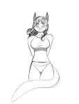  anthro bottomless bottomwear camel_toe clothed clothing colorless domestic_cat drhalloway felid feline felis female fluffy fluffy_tail fur hair half_naked hands_behind_back hi_res humanoid line_art looking_at_viewer mammal midriff panties partially_clothed shirt shy solo tank_top topwear underwear wavy_hair 